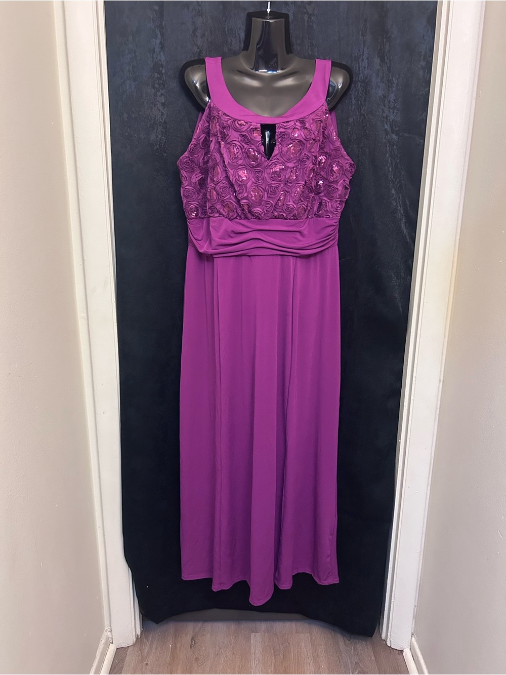 Enfocus Studio Fuchsia Purple Floral Rosette Maxi Dress